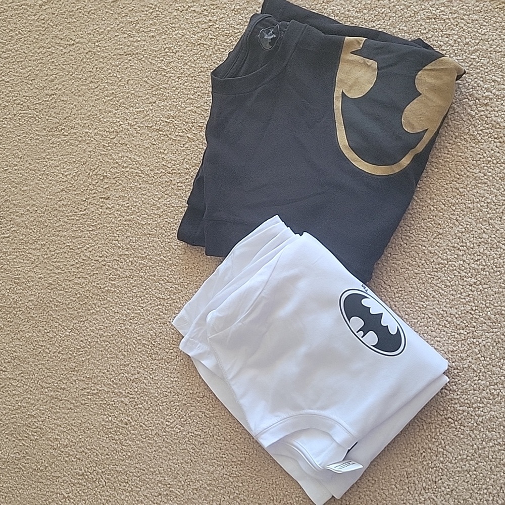 2 Batman t-shirts: Black W/Gold Chest  Logo, White Left Front & Full Back Print